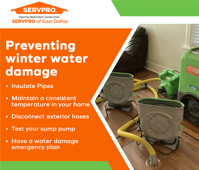 SERVPRO East Dallas winter water damage prevention tips: Insulate pipes, maintain home temperature, disconnect hoses.