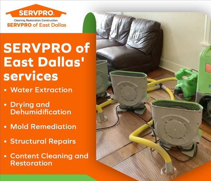 SERVPRO East Dallas: Industrial fans and dehumidifiers for water damage restoration, contact (469) 998-6444.